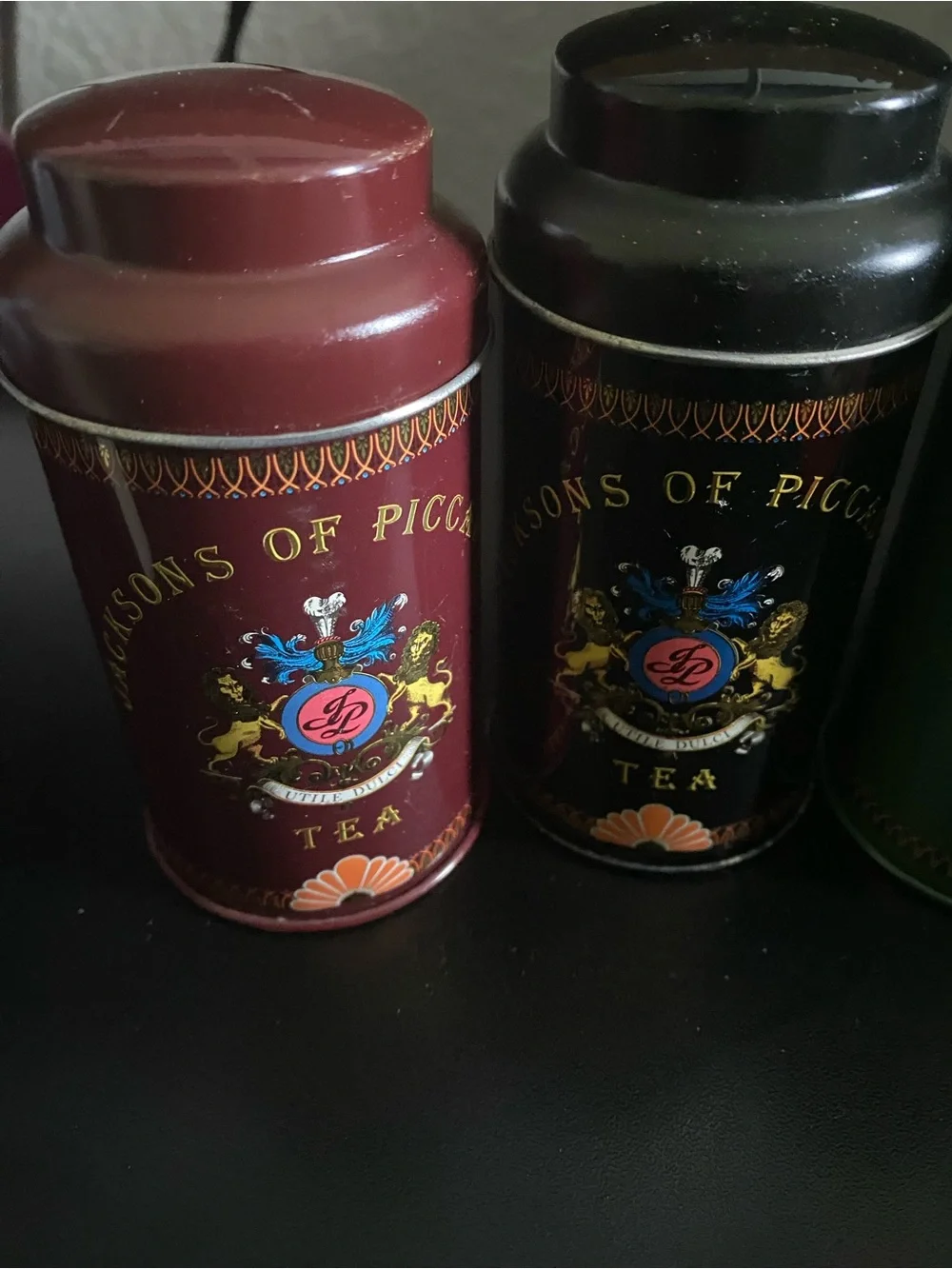 3 VTG Jacksons of Piccadilly Tea Tins 4”H Burgundy Black Green Collectible Set